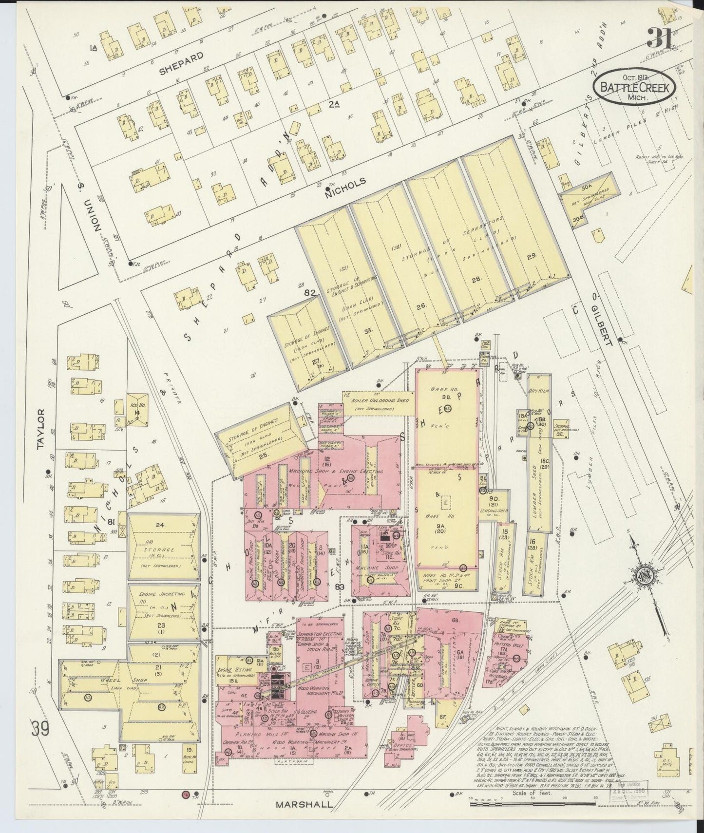 Sanborn Fire Insurance Map from Battle Creek, Calhoun County, Michigan (1913), Sheet #0031 - Historic Sanborn Fire Insurance Map Print, vintage old map wall art, antique decor, genealogy gift, Michigan Michigan map