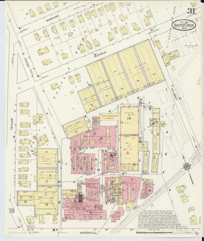 Sanborn Fire Insurance Map from Battle Creek, Calhoun County, Michigan (1913), Sheet #0031 - Historic Sanborn Fire Insurance Map Print, vintage old map wall art, antique decor, genealogy gift, Michigan Michigan map