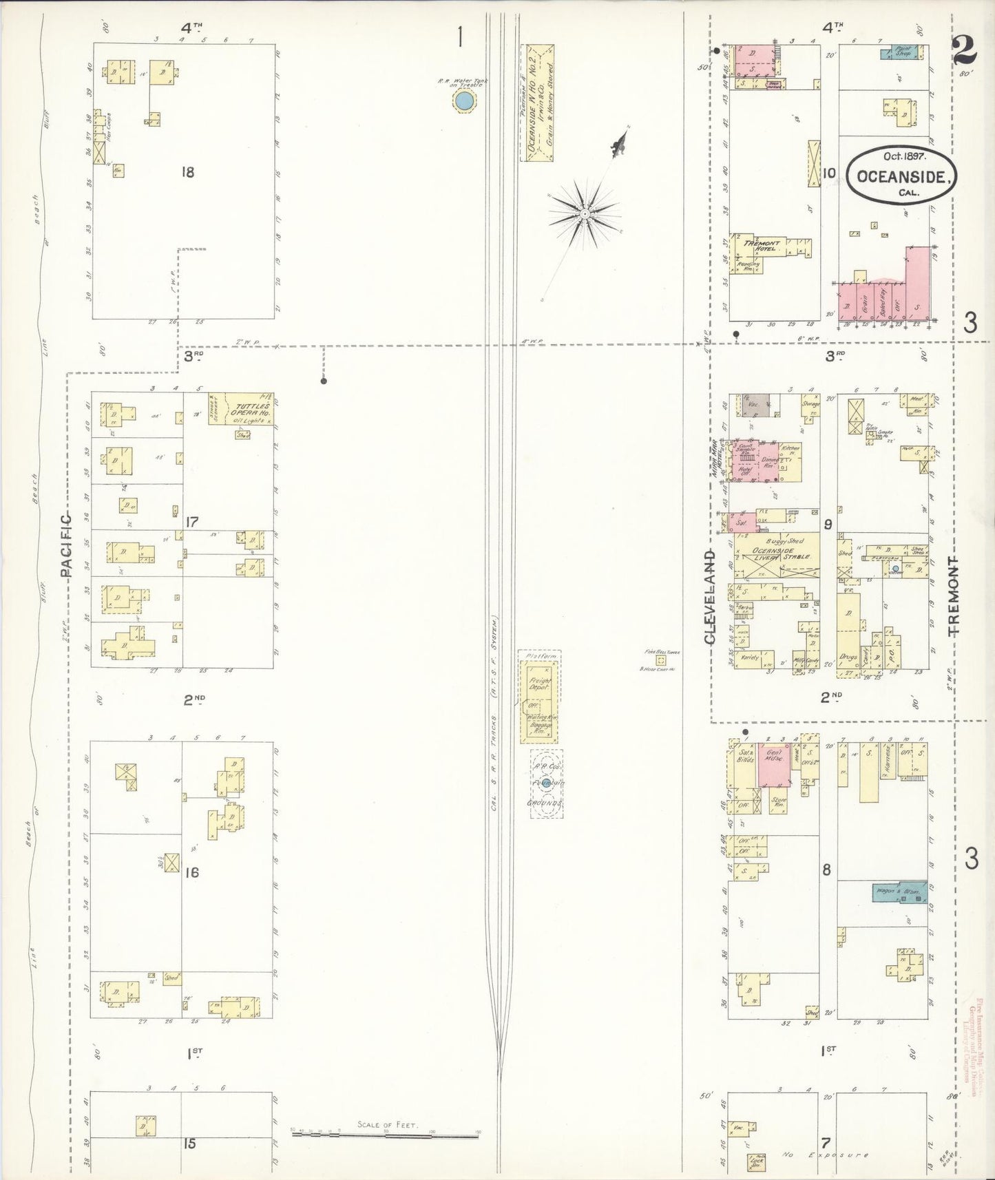 Sanborn Fire Insurance Map from Oceanside, San Diego County, California (1897), Sheet #0002 - Historic Sanborn Fire Insurance Map Print, vintage old map wall art, antique decor, genealogy gift, California California map