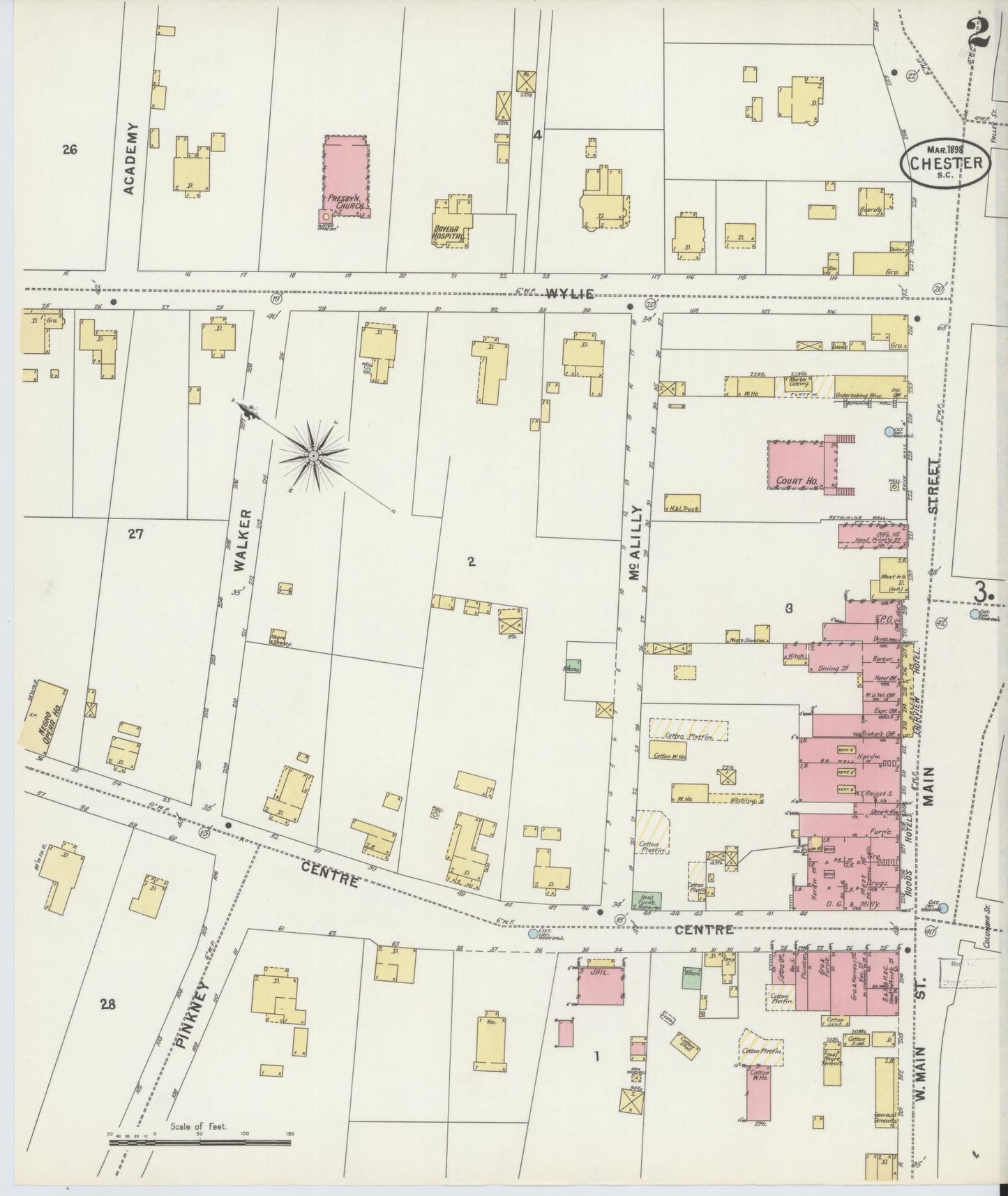 Sanborn Fire Insurance Map from Chester, Chester County, South Carolina (1898), Sheet #0002 - Historic Sanborn Fire Insurance Map Print, vintage old map wall art, antique decor, genealogy gift, South Carolina South Carolina map