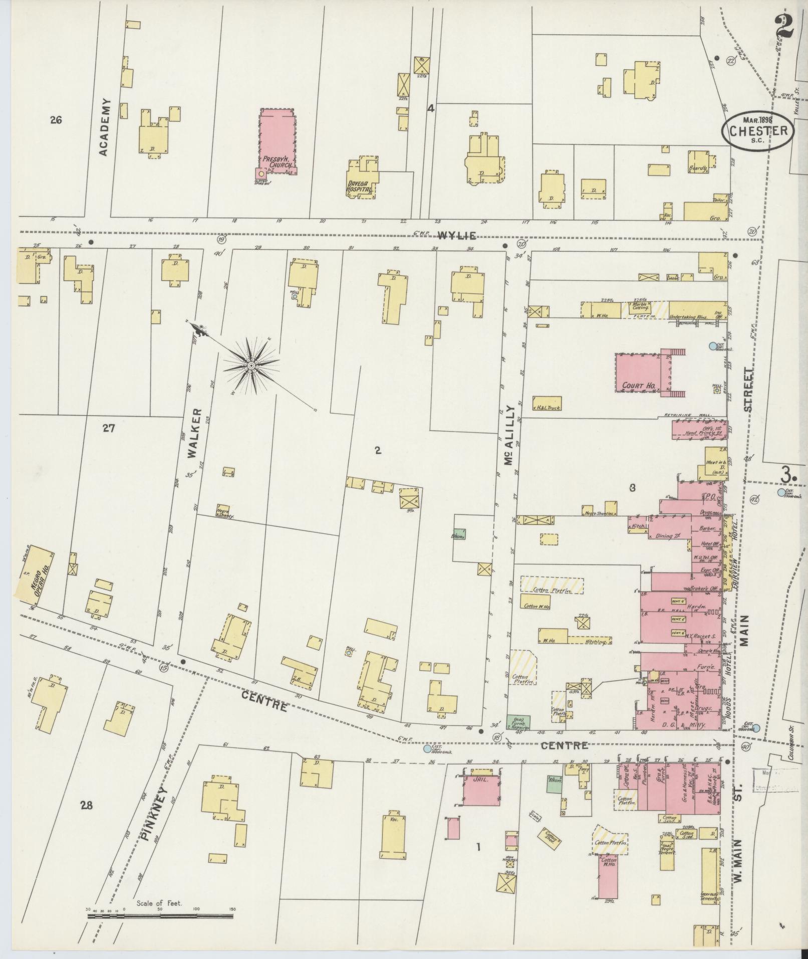 Sanborn Fire Insurance Map from Chester, Chester County, South Carolina (1898), Sheet #0002 - Historic Sanborn Fire Insurance Map Print, vintage old map wall art, antique decor, genealogy gift, South Carolina South Carolina map