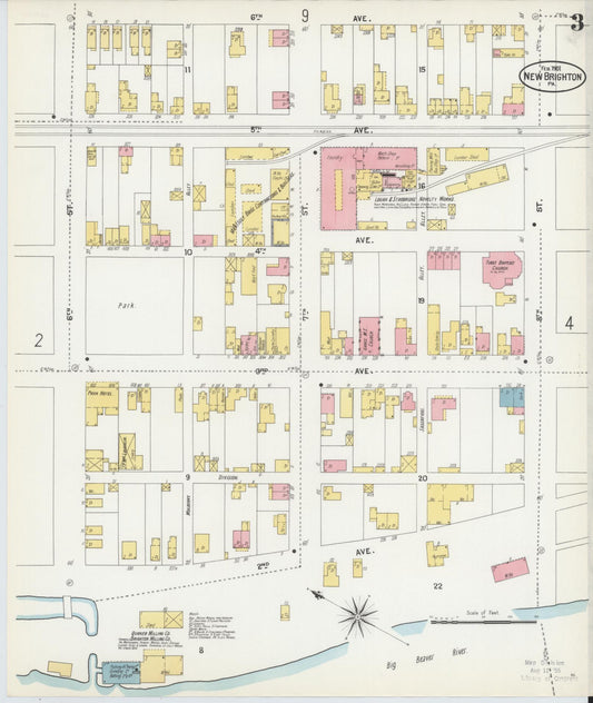 Sanborn Fire Insurance Map from New Brighton, Beaver County, Pennsylvania (1901), Sheet #0003 - Historic Sanborn Fire Insurance Map Print, vintage old map wall art, antique decor, genealogy gift, Pennsylvania Pennsylvania map