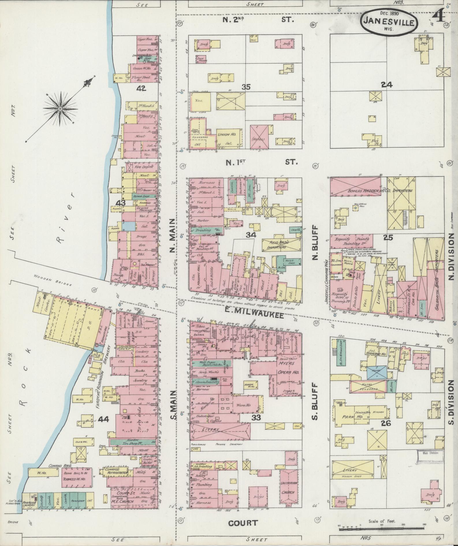 Sanborn Fire Insurance Map from Janesville, Rock County, Wisconsin (1890), Sheet #0004 - Historic Sanborn Fire Insurance Map Print, vintage old map wall art, antique decor, genealogy gift, Wisconsin Wisconsin map