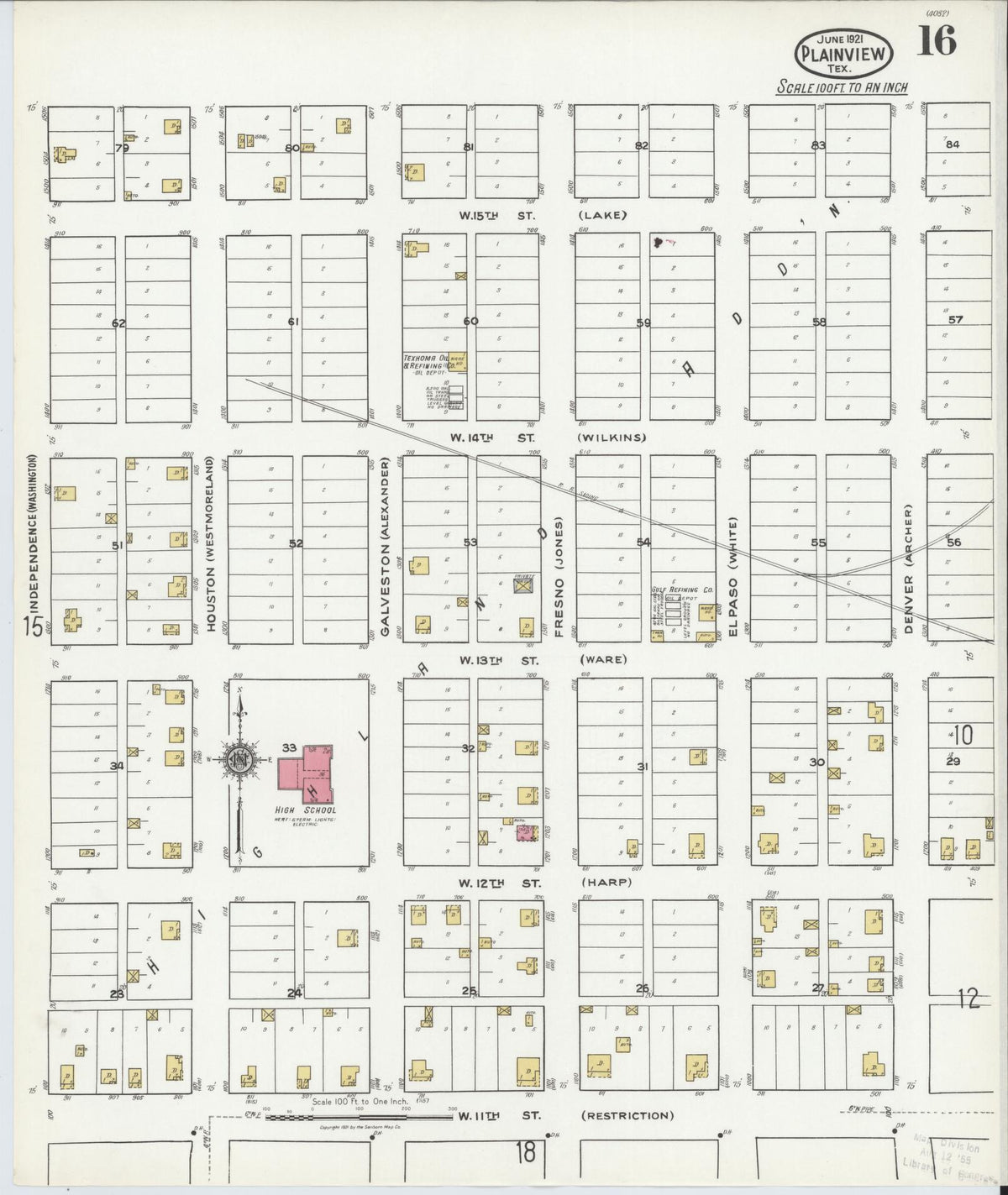 Sanborn Fire Insurance Map from Plainview, Hale County, Texas (1921), Sheet #0016 - Complete Map Set gallery image, historic Sanborn map, vintage wall art, Texas Texas