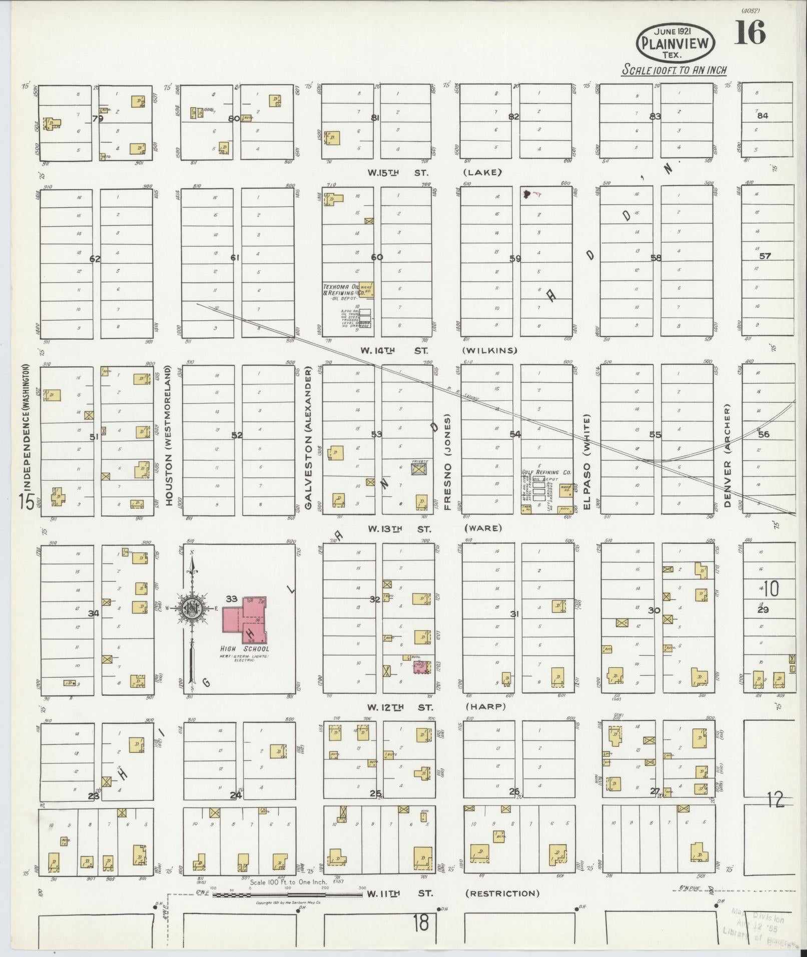 Sanborn Fire Insurance Map from Plainview, Hale County, Texas (1921), Sheet #0016 - Complete Map Set gallery image, historic Sanborn map, vintage wall art, Texas Texas