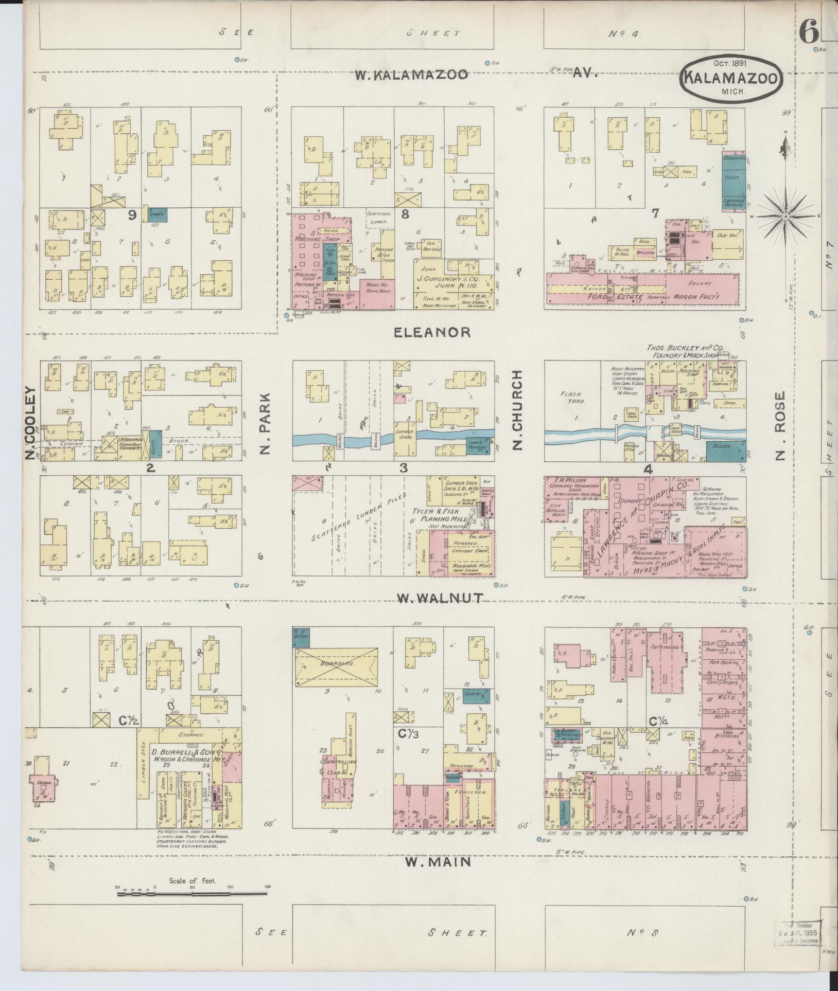 Sanborn Fire Insurance Map from Kalamazoo, Kalamazoo County, Michigan (1891), Sheet #0006 - Complete Map Set gallery image, historic Sanborn map, vintage wall art, Michigan Michigan