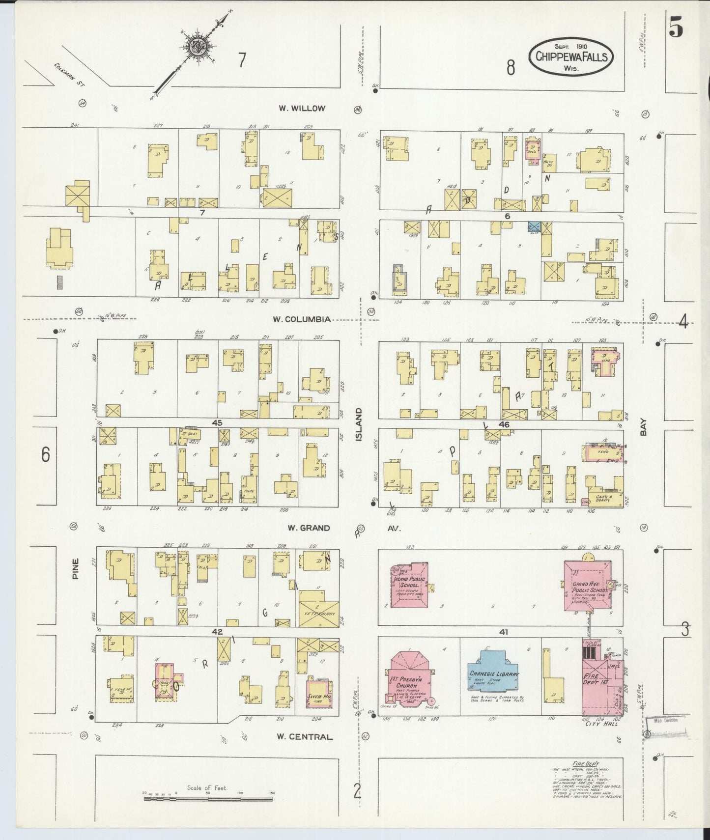 Sanborn Fire Insurance Map from Chippewa Falls, Chippewa County, Wisconsin (1910), Sheet #0005 - Historic Sanborn Fire Insurance Map Print, vintage old map wall art, antique decor, genealogy gift, Wisconsin Wisconsin map