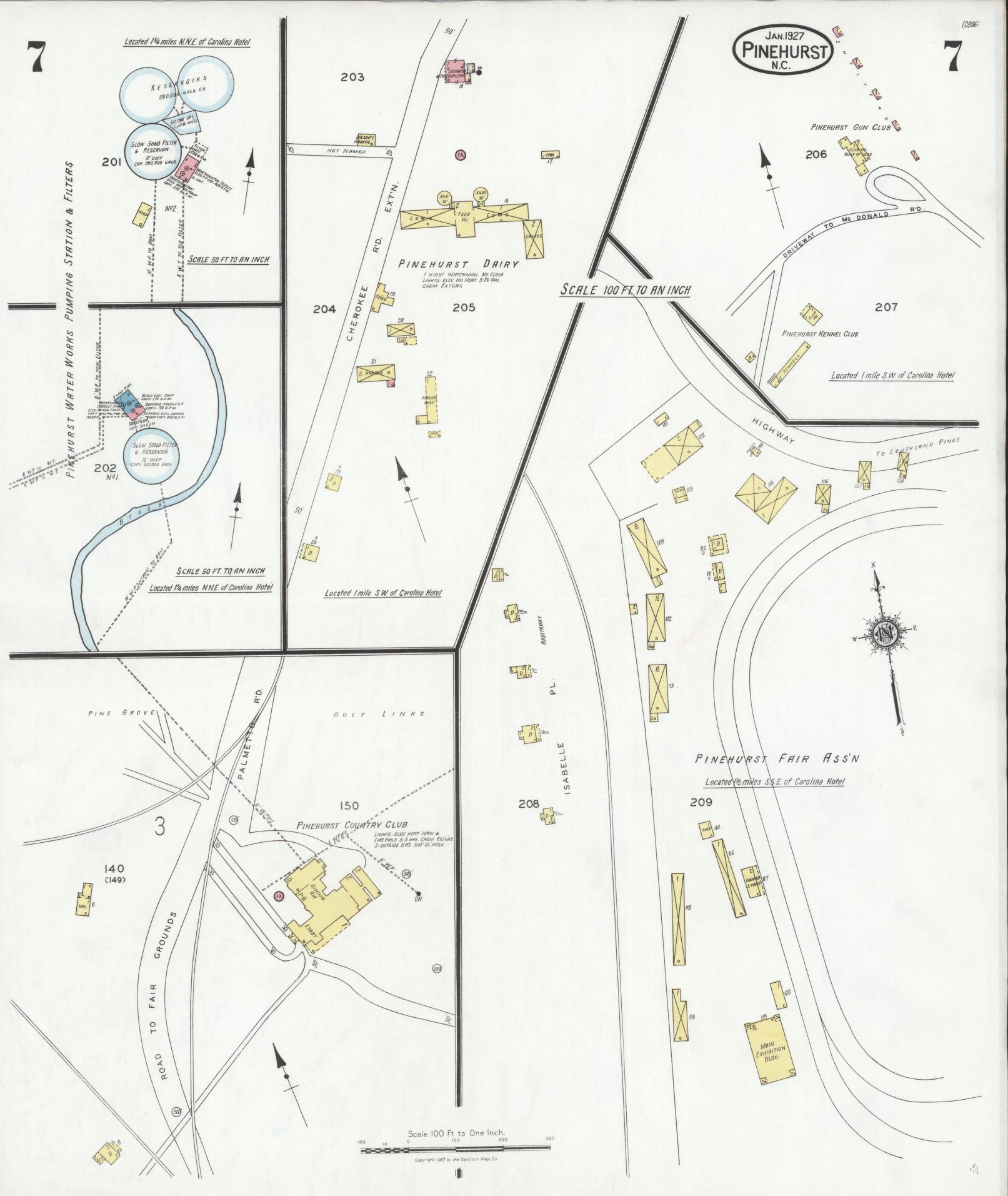 Sanborn Fire Insurance Map from Pinehurst, Moore County, North Carolina (1927), Sheet #0007 - Complete Map Set gallery image, historic Sanborn map, vintage wall art, North Carolina North Carolina