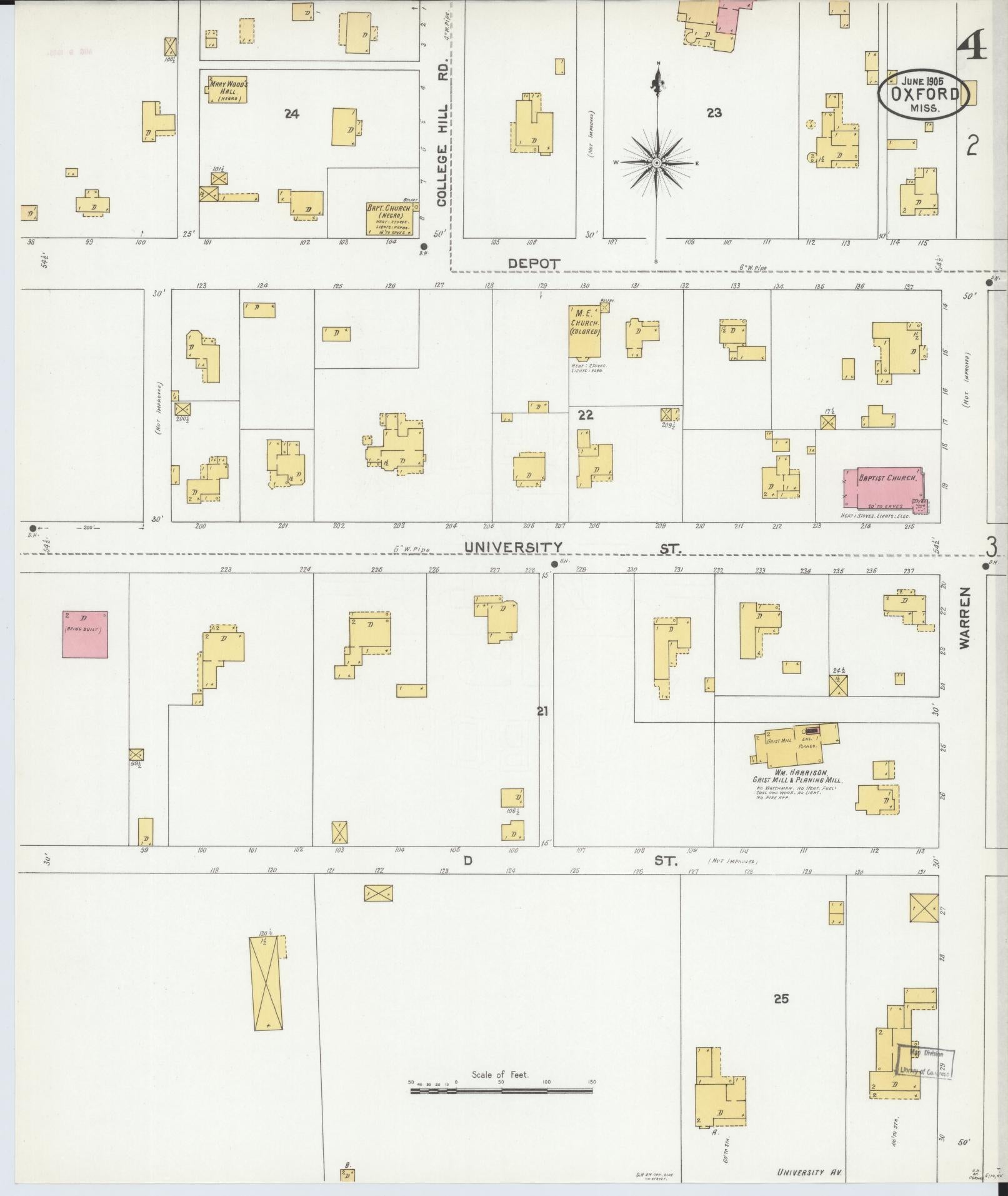 Sanborn Fire Insurance Map from Oxford, Lafayette County, Mississippi (1905), Sheet #0004 - Historic Sanborn Fire Insurance Map Print, vintage old map wall art, antique decor, genealogy gift, Mississippi Mississippi map