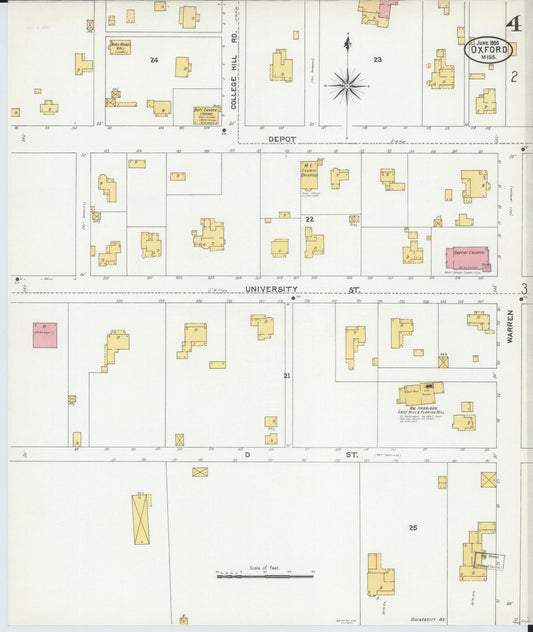Sanborn Fire Insurance Map from Oxford, Lafayette County, Mississippi (1905), Sheet #0004 - Historic Sanborn Fire Insurance Map Print, vintage old map wall art, antique decor, genealogy gift, Mississippi Mississippi map