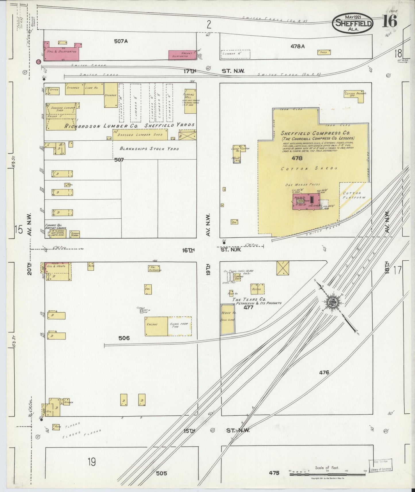 Sanborn Fire Insurance Map from Sheffield, Colbert County, Alabama (1921), Sheet #0016 - Complete Map Set gallery image, historic Sanborn map, vintage wall art, Alabama Alabama