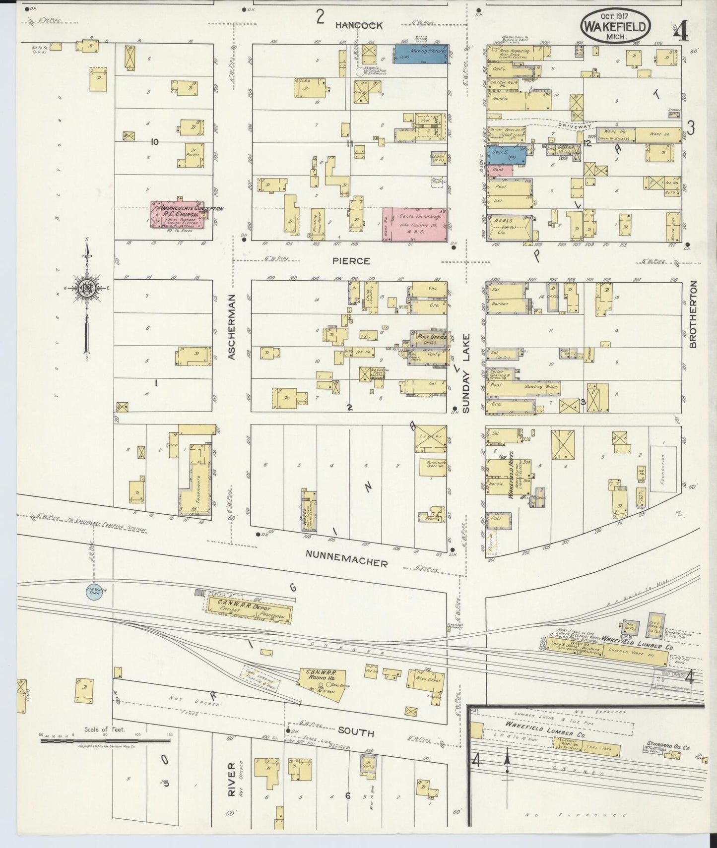 Sanborn Fire Insurance Map from Wakefield, Gogebic County, Michigan (1917), Sheet #0004 - Historic Sanborn Fire Insurance Map Print, vintage old map wall art, antique decor, genealogy gift, Michigan Michigan map