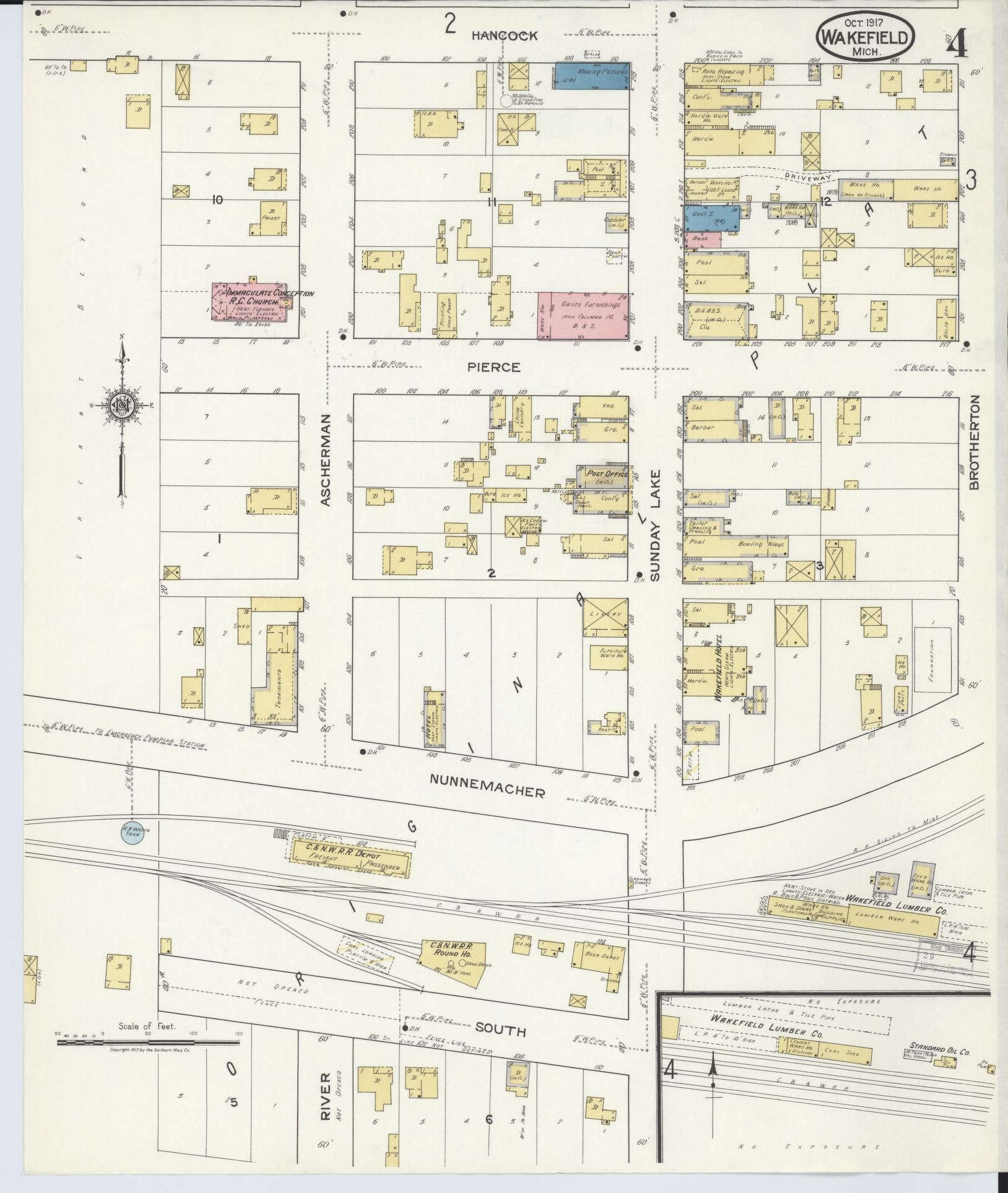 Sanborn Fire Insurance Map from Wakefield, Gogebic County, Michigan (1917), Sheet #0004 - Historic Sanborn Fire Insurance Map Print, vintage old map wall art, antique decor, genealogy gift, Michigan Michigan map