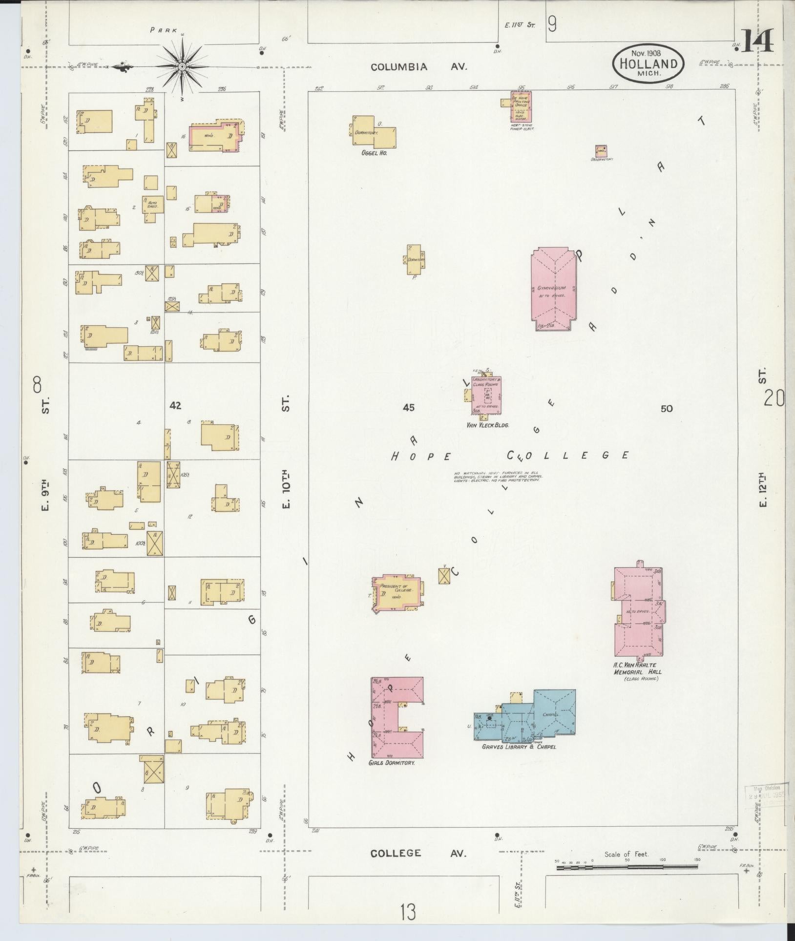 Sanborn Fire Insurance Map from Holland, Ottawa County, Michigan (1908), Sheet #0014 - Complete Map Set gallery image, historic Sanborn map, vintage wall art, Michigan Michigan