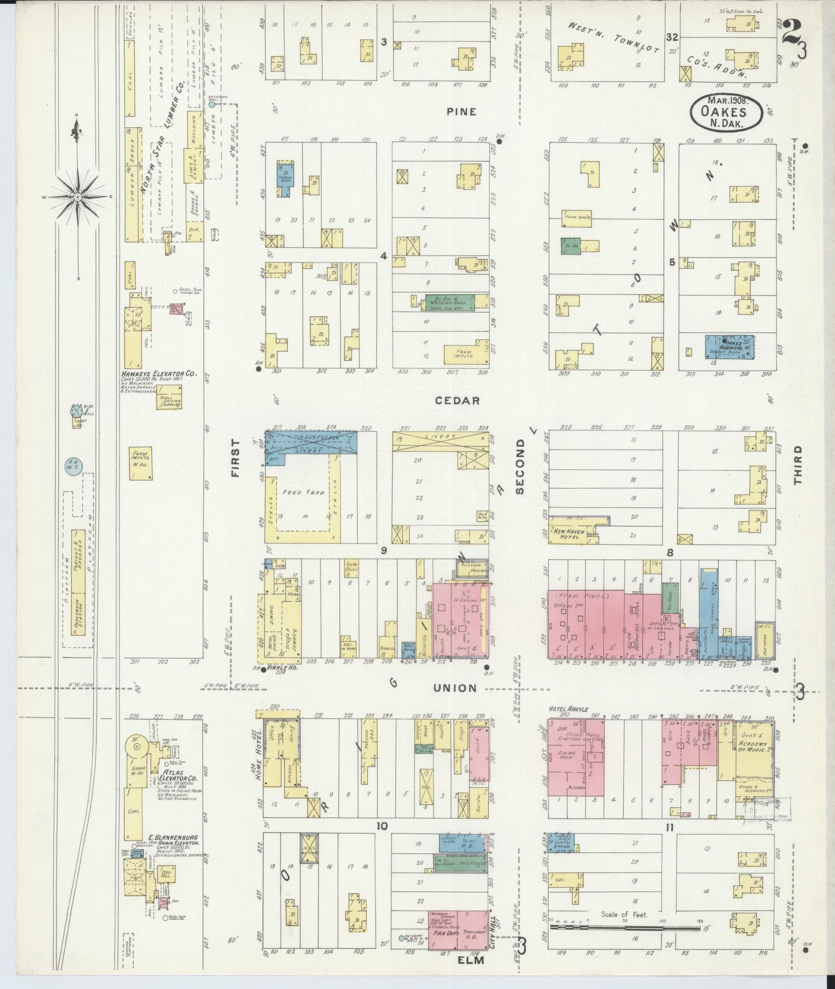 Sanborn Fire Insurance Map from Oakes, Dickey County, North Dakota (1908), Sheet #0002 - Complete Map Set gallery image, historic Sanborn map, vintage wall art, North Dakota North Dakota