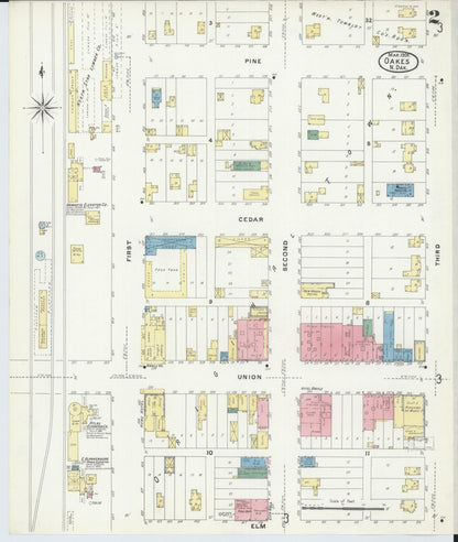 Sanborn Fire Insurance Map from Oakes, Dickey County, North Dakota (1908), Sheet #0002 - Complete Map Set gallery image, historic Sanborn map, vintage wall art, North Dakota North Dakota