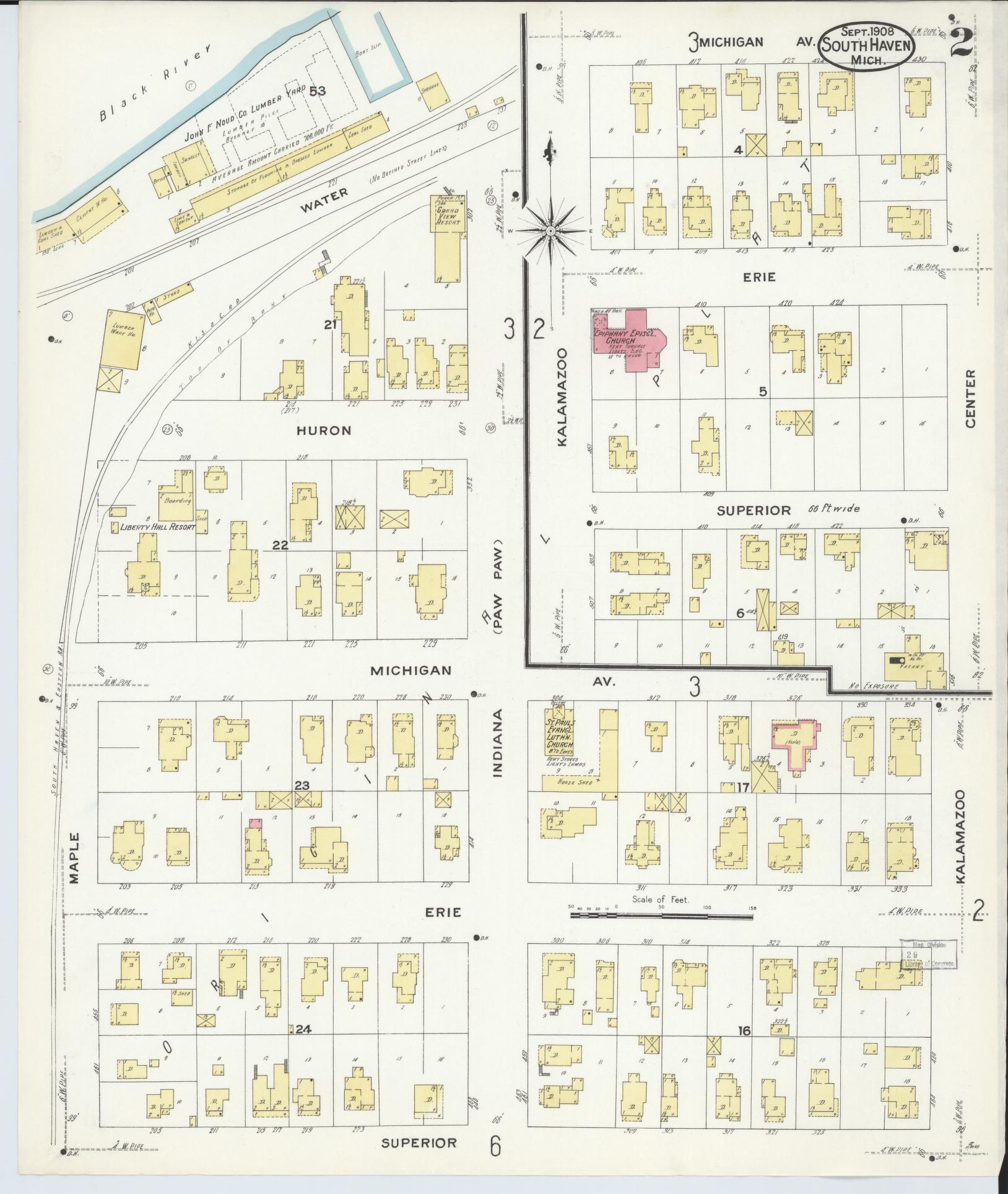 Sanborn Fire Insurance Map from South Haven, Van Buren County, Michigan (1908), Sheet #0002 - Complete Map Set gallery image, historic Sanborn map, vintage wall art, Michigan Michigan