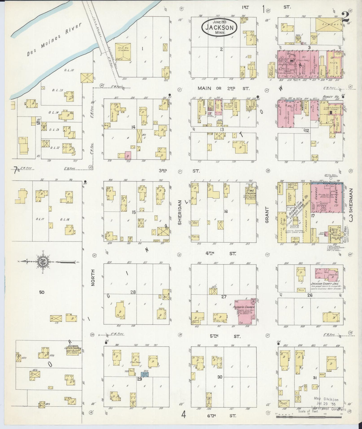 Sanborn Fire Insurance Map from Jackson, Jackson County, Minnesota (1913), Sheet #0002 - Historic Sanborn Fire Insurance Map Print, vintage old map wall art, antique decor, genealogy gift, Minnesota Minnesota map