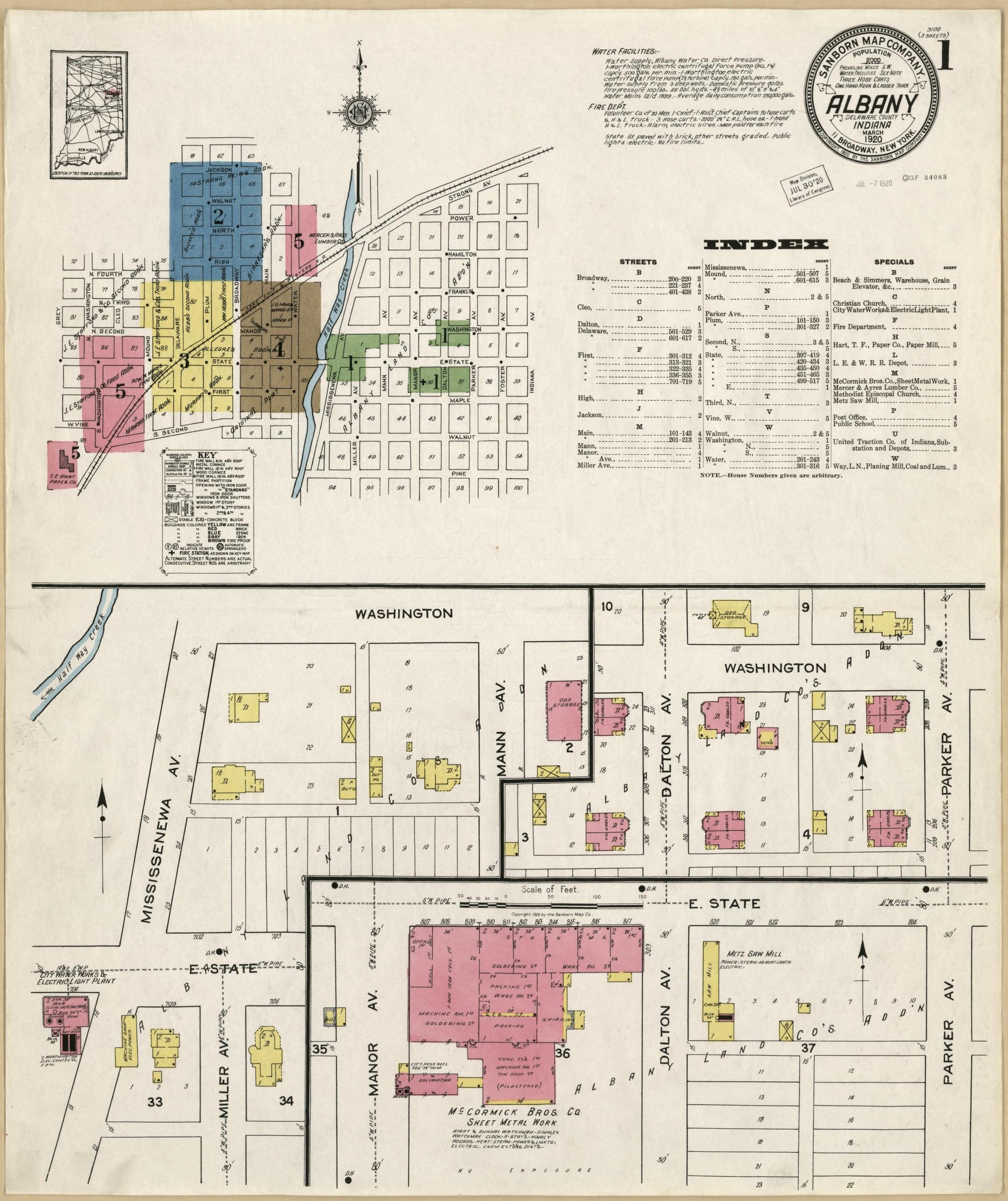 Sanborn Fire Insurance Map from Albany, Delaware County, Indiana (1920), Sheet #0001 - Historic Sanborn Fire Insurance Map Print, vintage old map wall art, antique decor, genealogy gift, Albany Delaware map