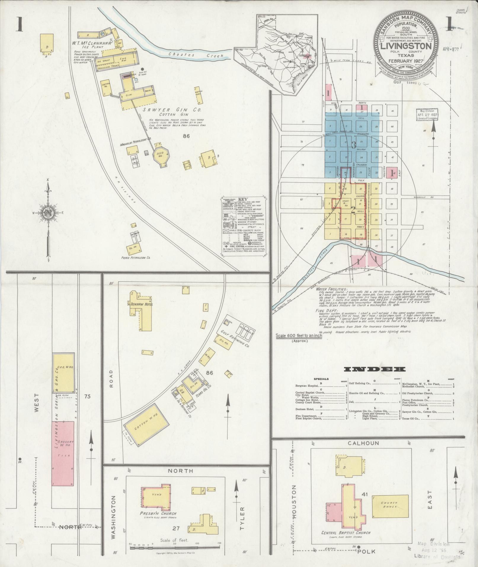Sanborn Fire Insurance Map from Livingston, Polk County, Texas (1927), Sheet #0001 - Complete Map Set gallery image, historic Sanborn map, vintage wall art, Texas Texas