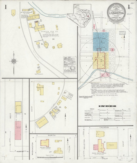 Sanborn Fire Insurance Map from Livingston, Polk County, Texas (1927), Sheet #0001 - Complete Map Set gallery image, historic Sanborn map, vintage wall art, Texas Texas