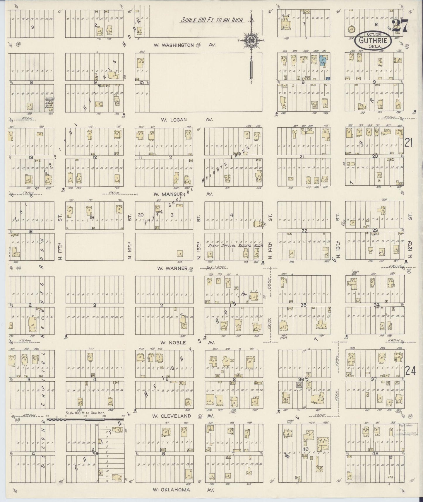 Sanborn Fire Insurance Map from Guthrie, Logan County, Oklahoma (1914), Sheet #0027 - Historic Sanborn Fire Insurance Map Print, vintage old map wall art, antique decor, genealogy gift, Oklahoma Oklahoma map