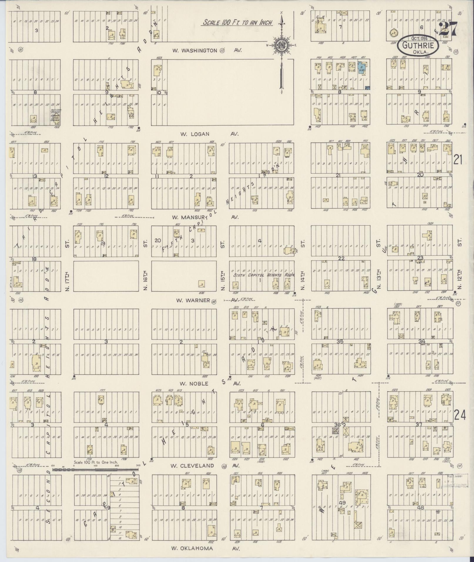 Sanborn Fire Insurance Map from Guthrie, Logan County, Oklahoma (1914), Sheet #0027 - Historic Sanborn Fire Insurance Map Print, vintage old map wall art, antique decor, genealogy gift, Oklahoma Oklahoma map