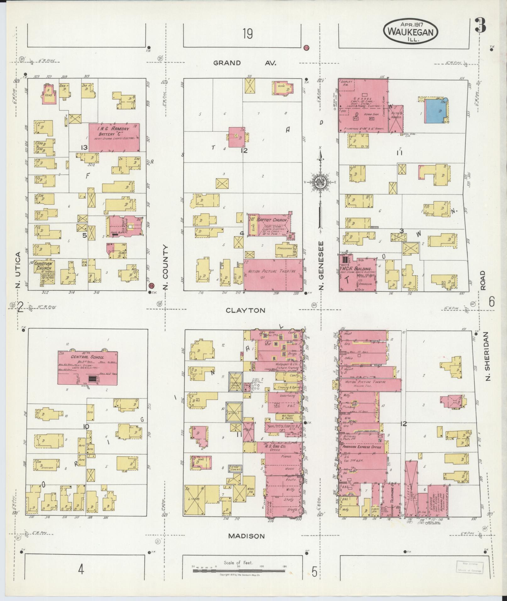 Sanborn Fire Insurance Map from Waukegan, Lake County, Illinois (1917), Sheet #0003 - Complete Map Set gallery image, historic Sanborn map, vintage wall art, Illinois Illinois