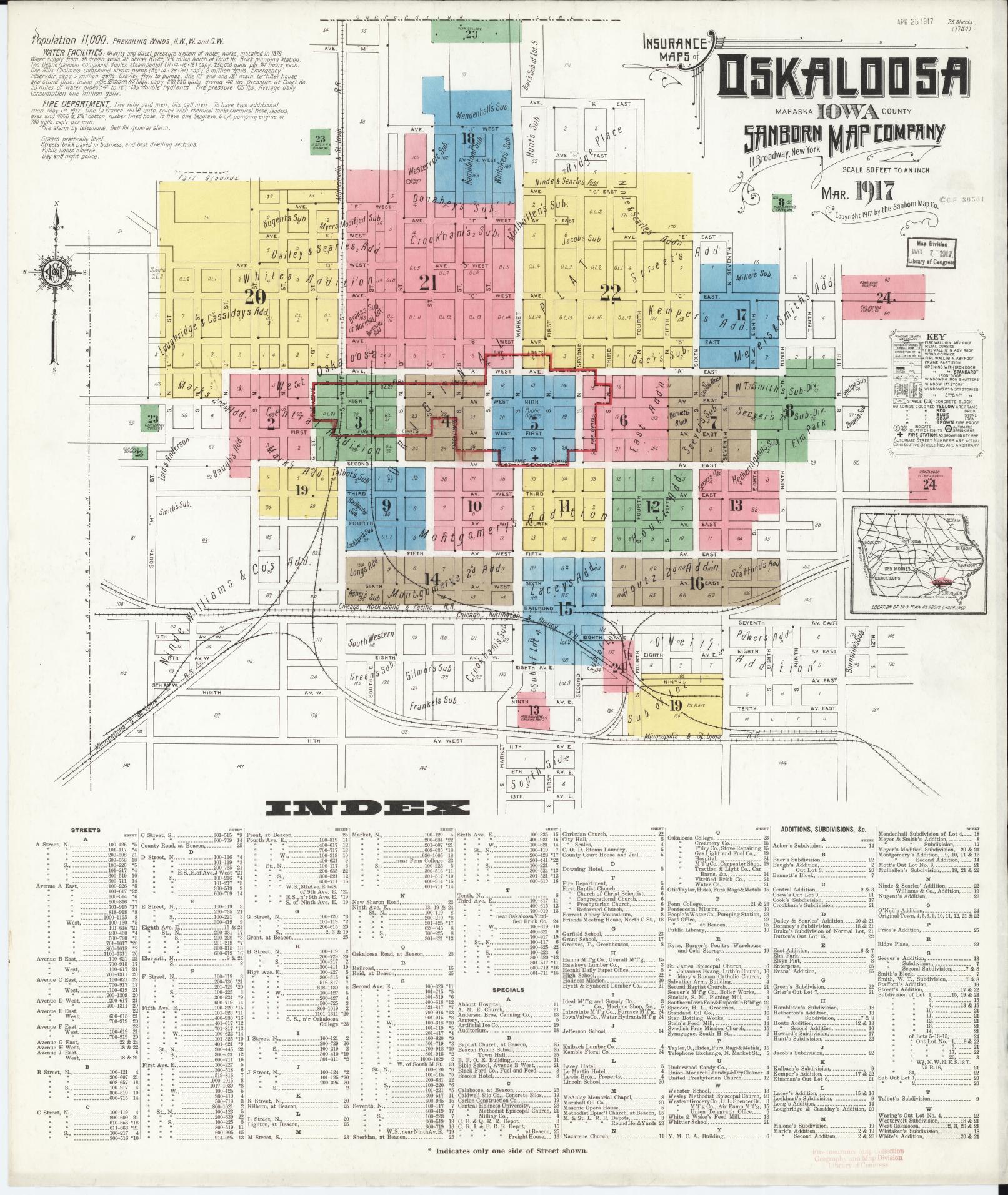 Sanborn Fire Insurance Map from Oskaloosa, Mahaska County, Iowa (1917), Sheet #0001 - Historic Sanborn Fire Insurance Map Print