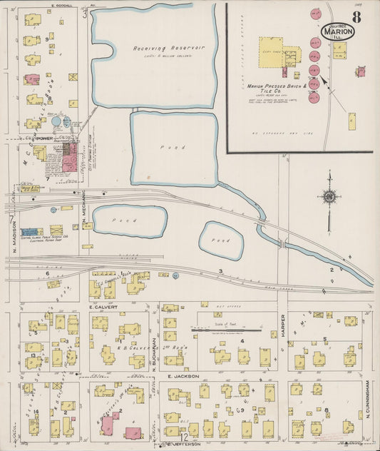 Sanborn Fire Insurance Map from Marion, Williamson County, Illinois (1922), Sheet #0008 - Historic Sanborn Fire Insurance Map Print, vintage old map wall art, antique decor, genealogy gift, Illinois Illinois map