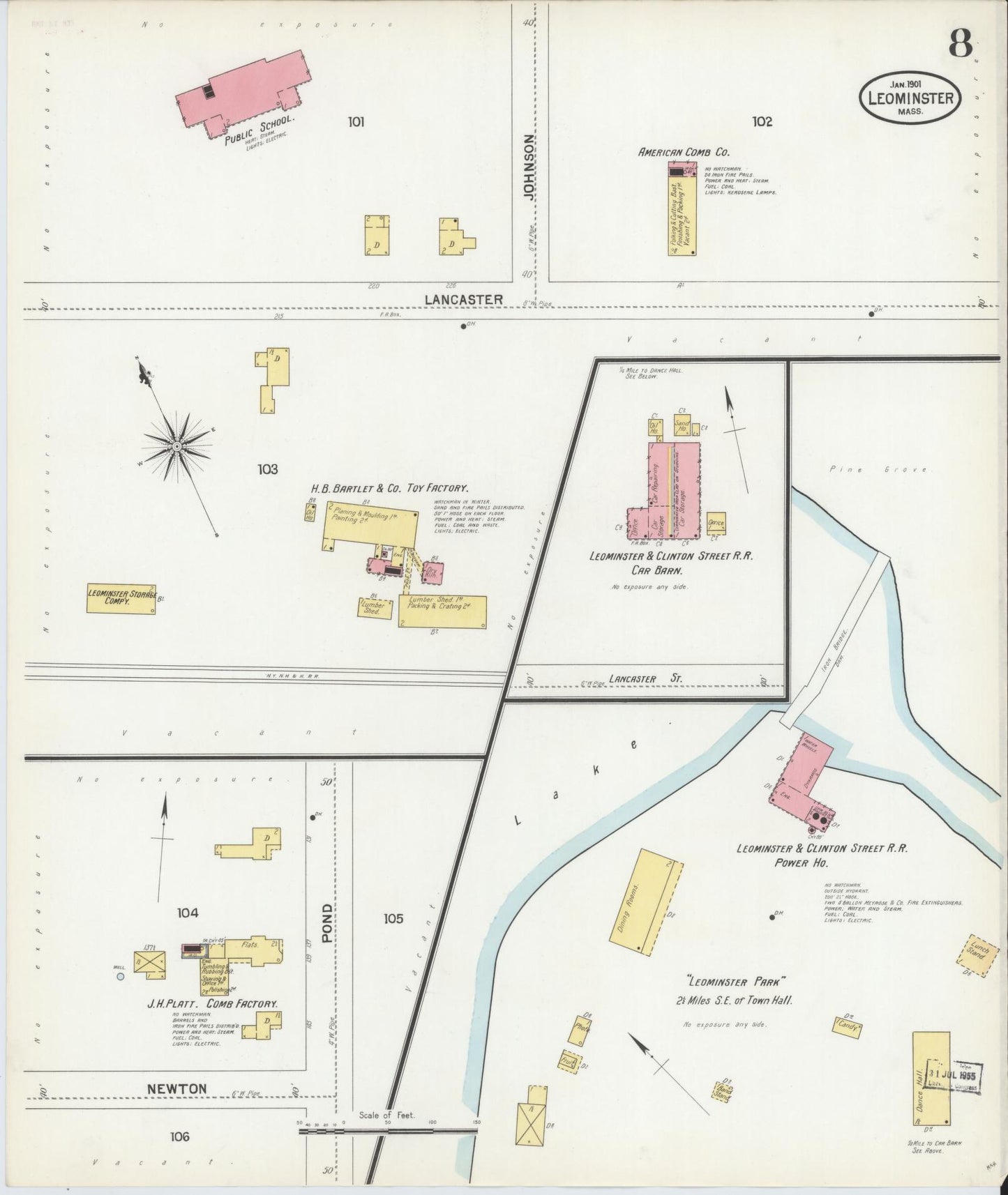 Sanborn Fire Insurance Map from Leominster, Worcester County, Massachusetts (1901), Sheet #0008 - Complete Map Set gallery image, historic Sanborn map, vintage wall art, Massachusetts Massachusetts