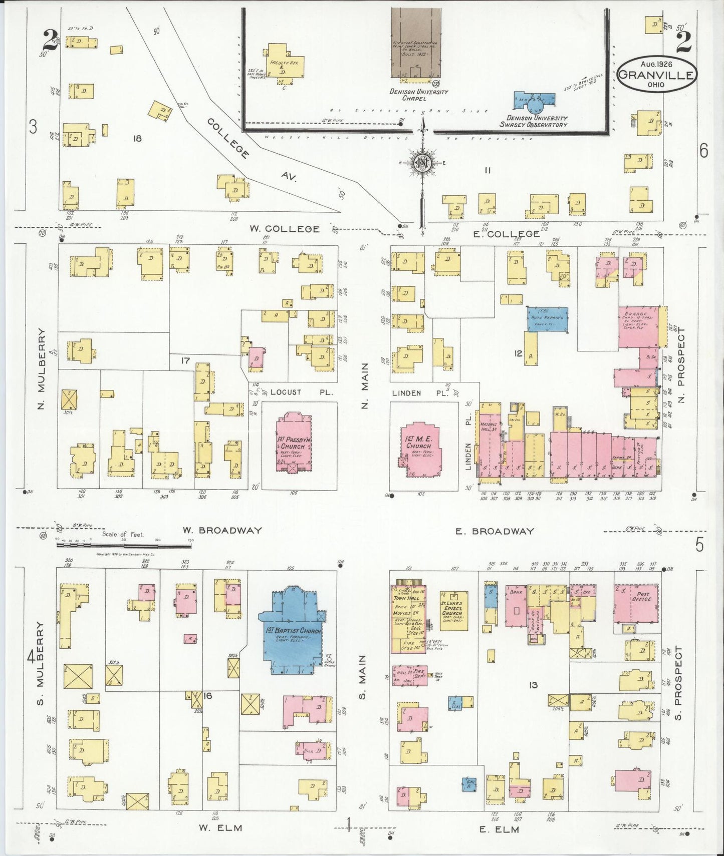 Sanborn Fire Insurance Map from Granville, Licking County, Ohio (1926), Sheet #0002 - Historic Sanborn Fire Insurance Map Print, vintage old map wall art, antique decor, genealogy gift, Ohio Ohio map