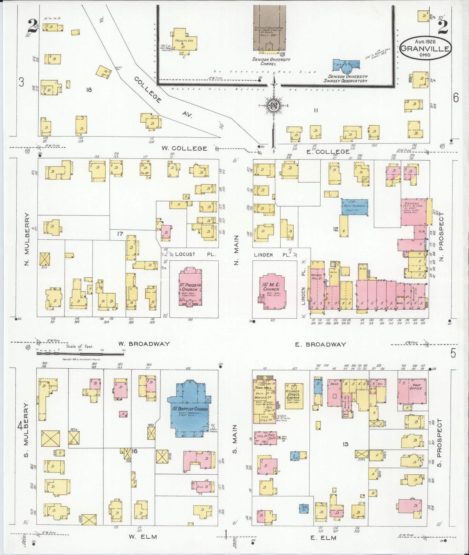 Sanborn Fire Insurance Map from Granville, Licking County, Ohio (1926), Sheet #0002 - Historic Sanborn Fire Insurance Map Print, vintage old map wall art, antique decor, genealogy gift, Ohio Ohio map