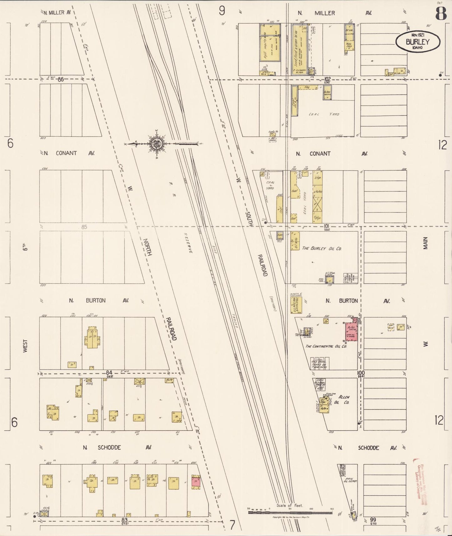 Sanborn Fire Insurance Map from Burley, Cassia County, Idaho (1921), Sheet #0008 - Historic Sanborn Fire Insurance Map Print, vintage old map wall art, antique decor, genealogy gift, Idaho Idaho map