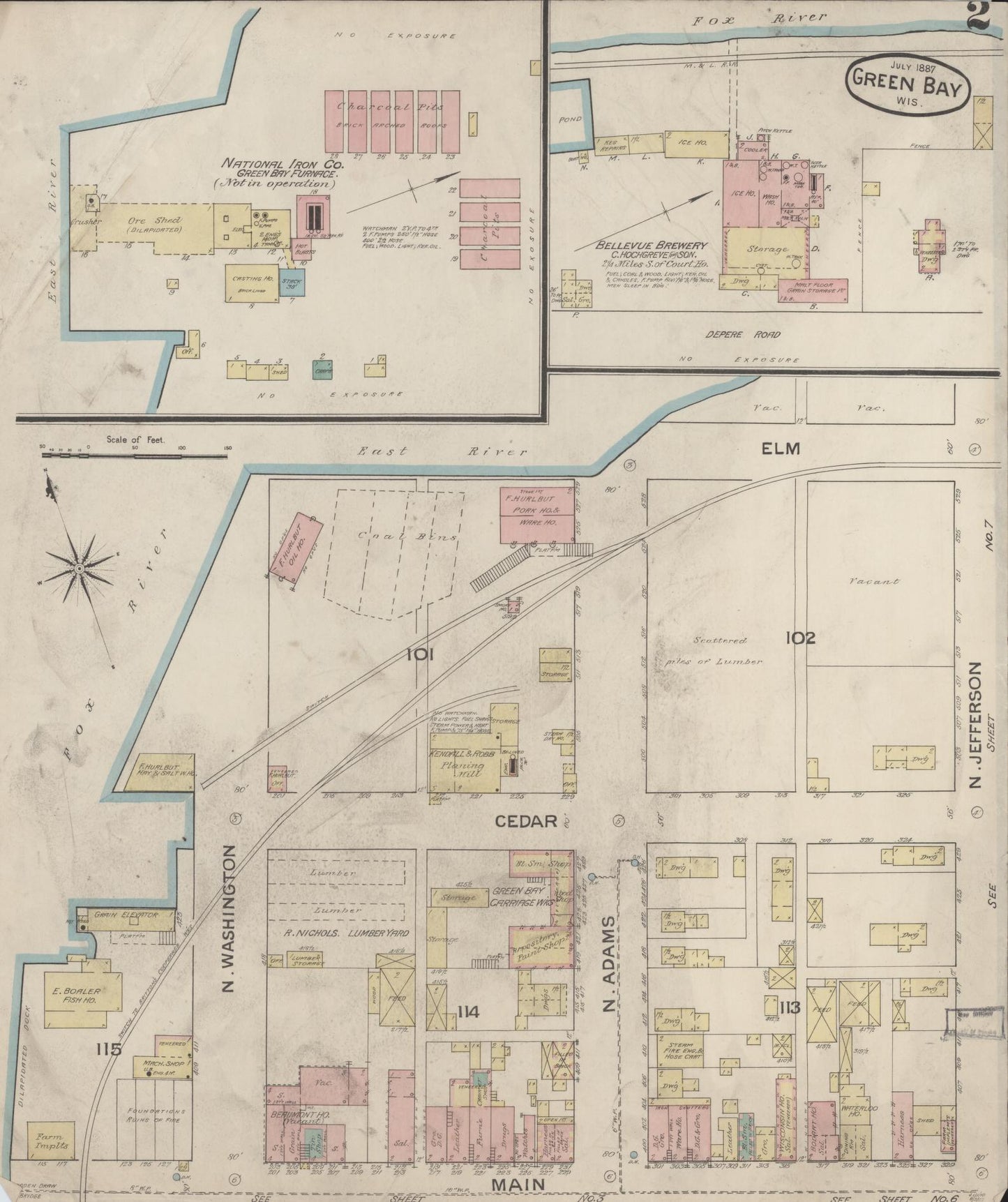 Sanborn Fire Insurance Map from Green Bay, Brown County, Wisconsin (1887), Sheet #0002 - Complete Map Set gallery image, historic Sanborn map, vintage wall art, Wisconsin Wisconsin