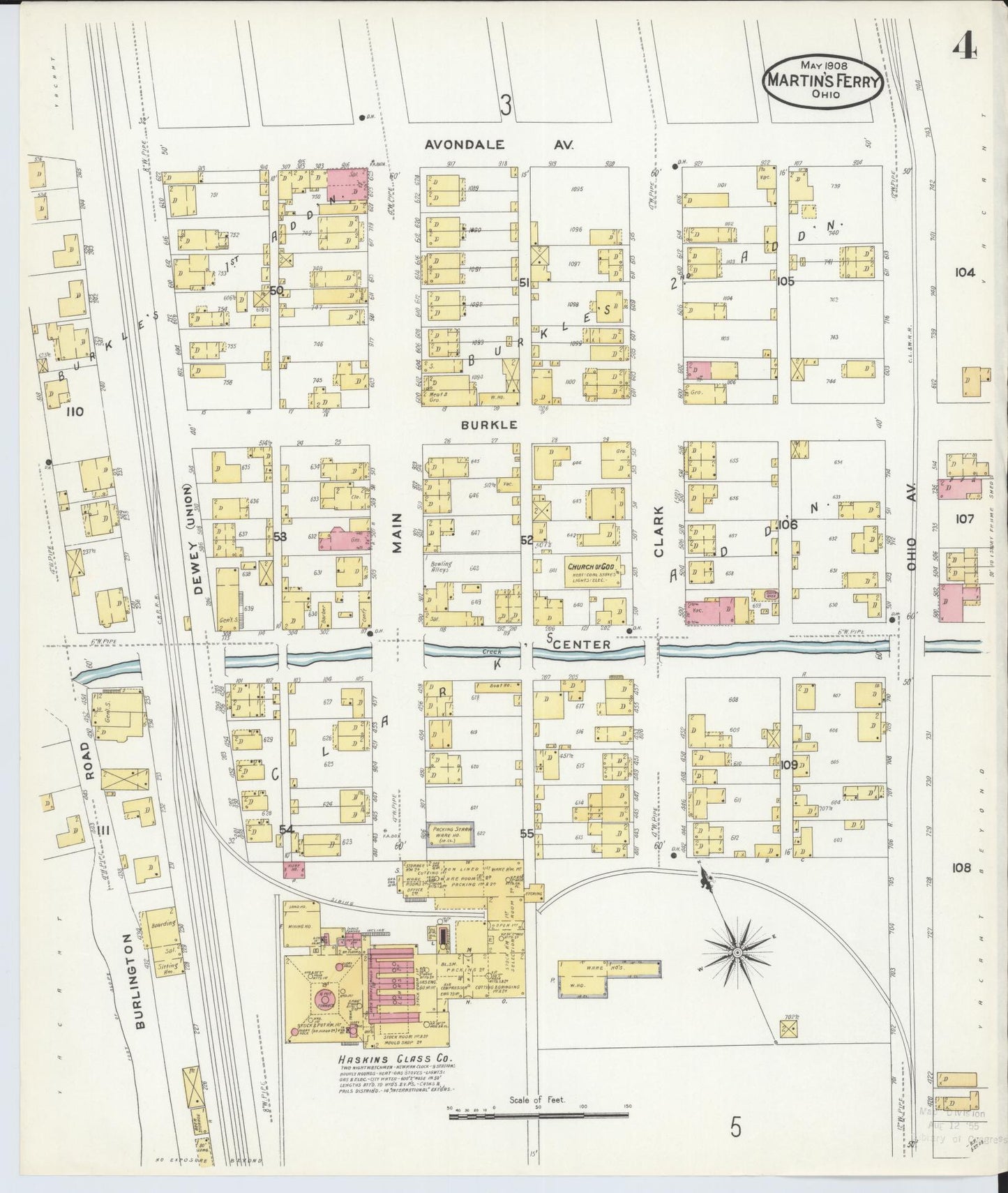 Sanborn Fire Insurance Map from Martins Ferry, Belmont County, Ohio (1908), Sheet #0004 - Historic Sanborn Fire Insurance Map Print, vintage old map wall art, antique decor, genealogy gift, Ohio Ohio map