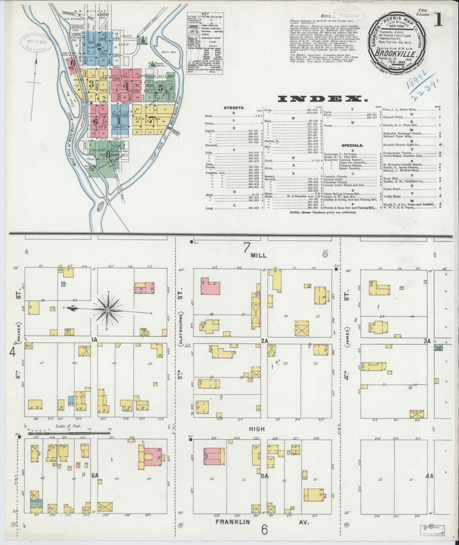 Sanborn Fire Insurance Map from Brookville, Franklin County, Indiana (1899), Sheet #0001 - Complete Map Set gallery image, historic Sanborn map, vintage wall art, Indiana Indiana