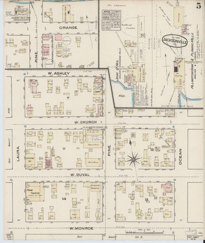 Sanborn Fire Insurance Map from Jacksonville, Duval County, Florida (1884), Sheet #0005 - Complete Map Set gallery image, historic Sanborn map, vintage wall art, Florida Florida