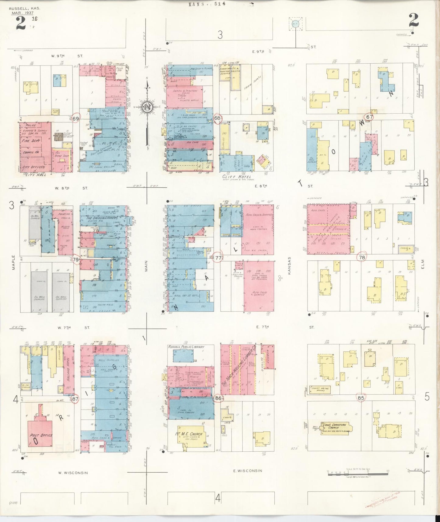 Sanborn Fire Insurance Map from Russell, Russell County, Kansas (1942), Sheet #0002 - Complete Map Set gallery image, historic Sanborn map, vintage wall art, Kansas Kansas