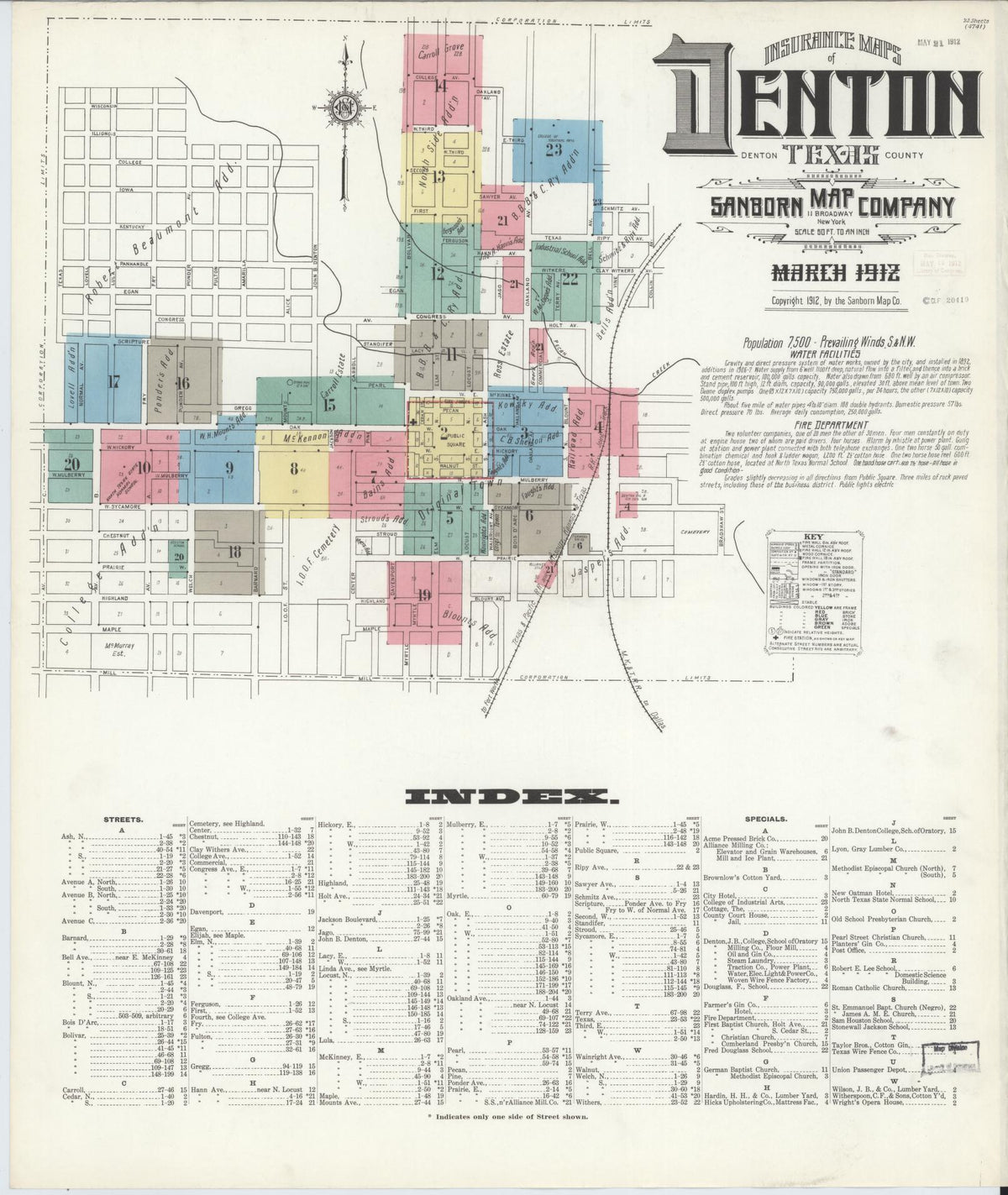 Sanborn Fire Insurance Map from Denton, Denton County, Texas (1912), Sheet #0001 - Complete Map Set gallery image, historic Sanborn map, vintage wall art, Texas Texas