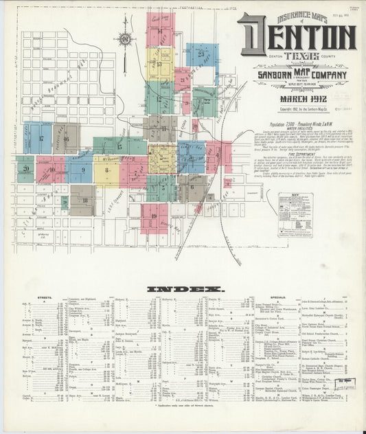 Sanborn Fire Insurance Map from Denton, Denton County, Texas (1912), Sheet #0001 - Complete Map Set gallery image, historic Sanborn map, vintage wall art, Texas Texas