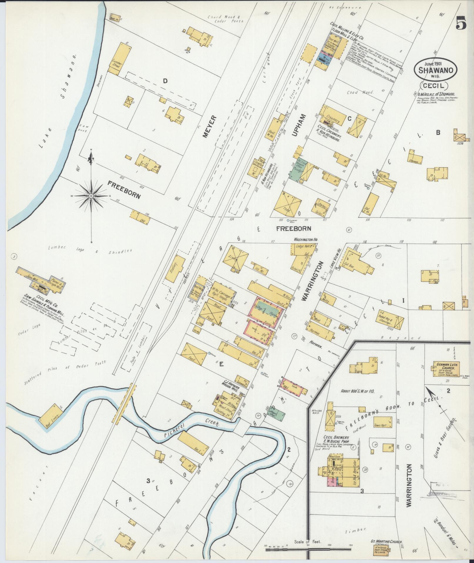 Sanborn Fire Insurance Map from Shawano, Shawano County, Wisconsin (1901), Sheet #0005 - Historic Sanborn Fire Insurance Map Print, vintage old map wall art, antique decor, genealogy gift, Wisconsin Wisconsin map