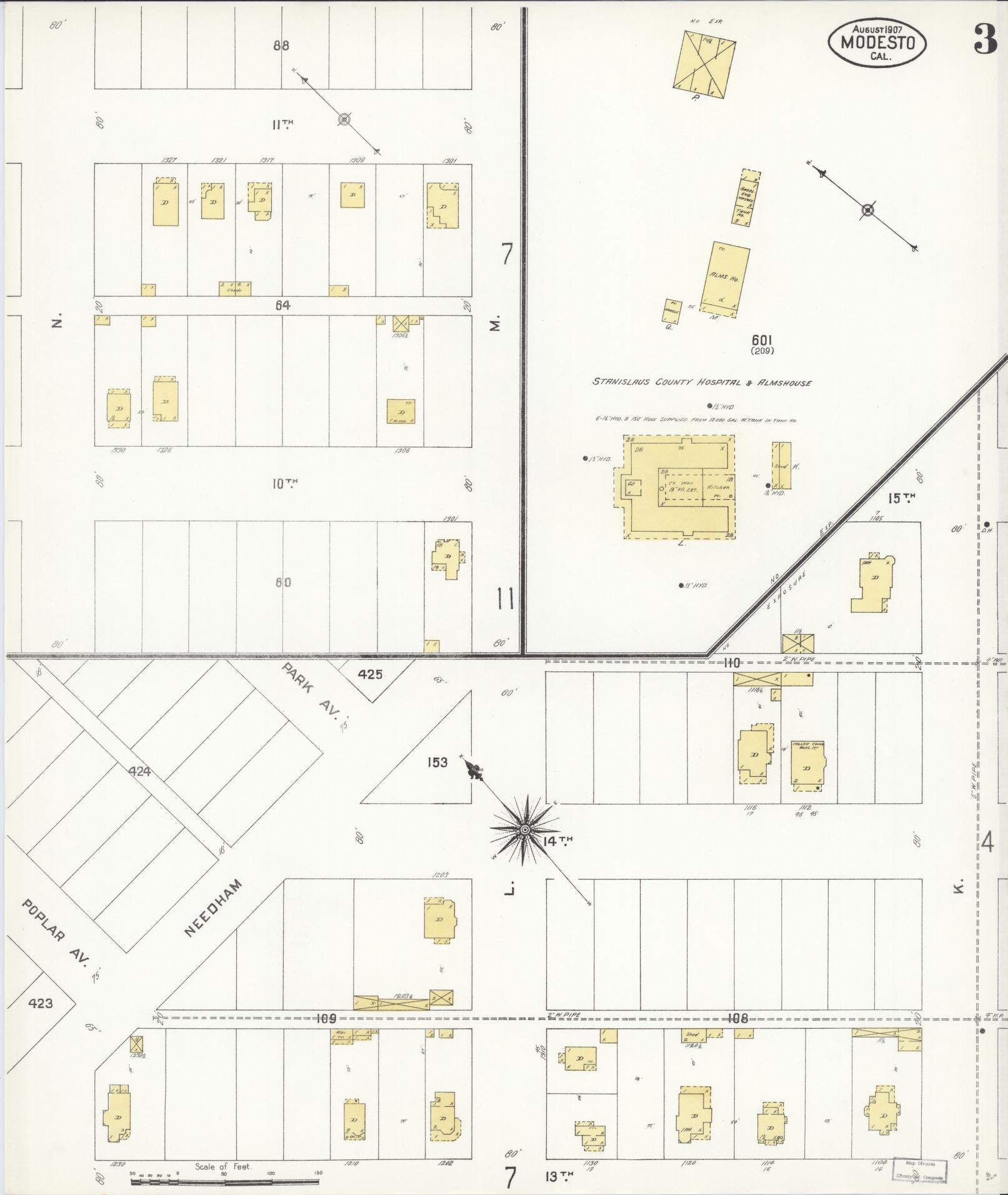Sanborn Fire Insurance Map from Modesto, Stanislaus County, California (1907), Sheet #0003 - Historic Sanborn Fire Insurance Map Print, vintage old map wall art, antique decor, genealogy gift, California California map