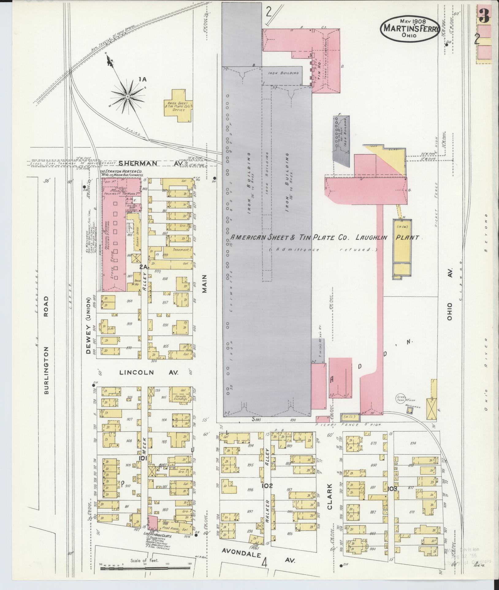 Sanborn Fire Insurance Map from Martins Ferry, Belmont County, Ohio (1908), Sheet #0003 - Historic Sanborn Fire Insurance Map Print, vintage old map wall art, antique decor, genealogy gift, Ohio Ohio map