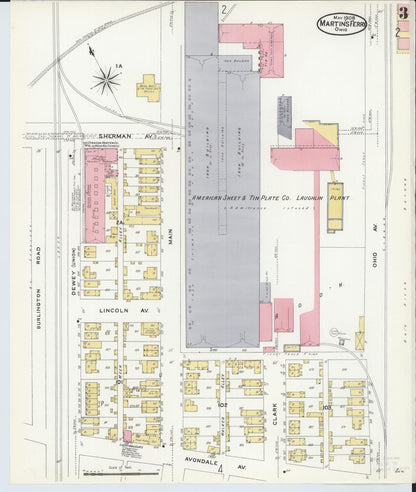 Sanborn Fire Insurance Map from Martins Ferry, Belmont County, Ohio (1908), Sheet #0003 - Historic Sanborn Fire Insurance Map Print, vintage old map wall art, antique decor, genealogy gift, Ohio Ohio map