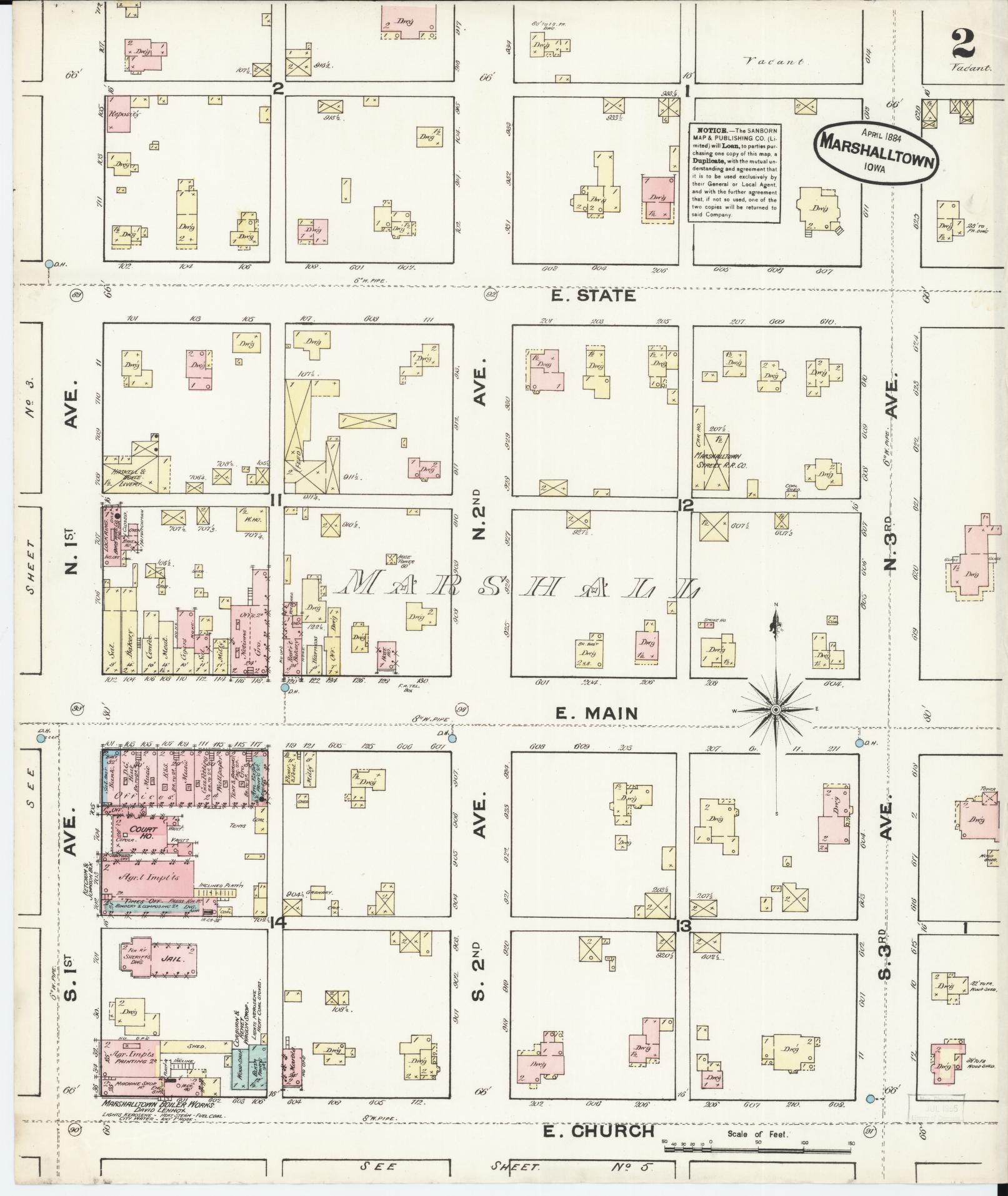 Sanborn Fire Insurance Map from Marshalltown, Marshall County, Iowa (1884), Sheet #0002 - Historic Sanborn Fire Insurance Map Print