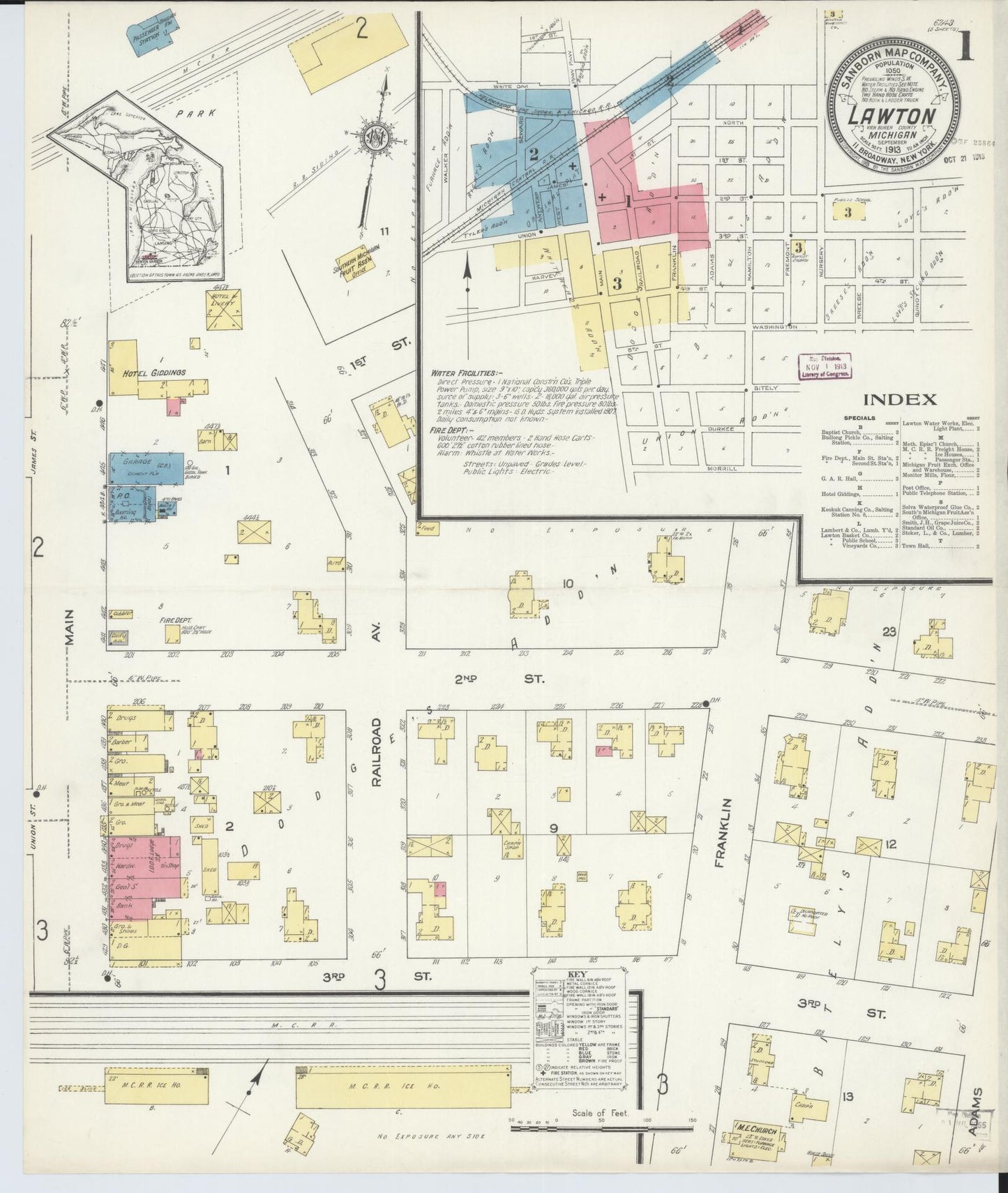 Sanborn Fire Insurance Map from Lawton, Van Buren County, Michigan (1913), Sheet #0001 - Historic Sanborn Fire Insurance Map Print, vintage old map wall art, antique decor, genealogy gift, Michigan Michigan map