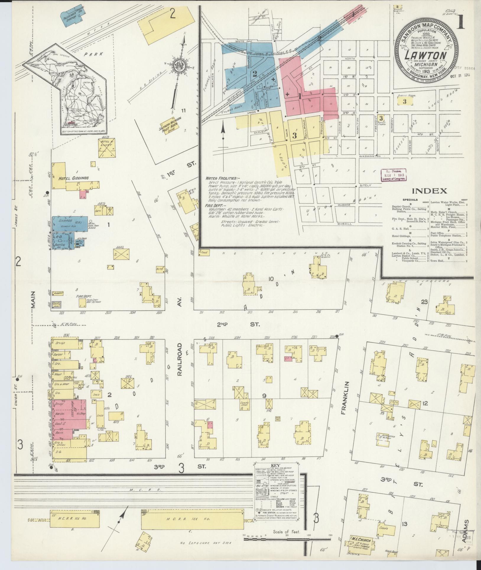 Sanborn Fire Insurance Map from Lawton, Van Buren County, Michigan (1913), Sheet #0001 - Historic Sanborn Fire Insurance Map Print, vintage old map wall art, antique decor, genealogy gift, Michigan Michigan map