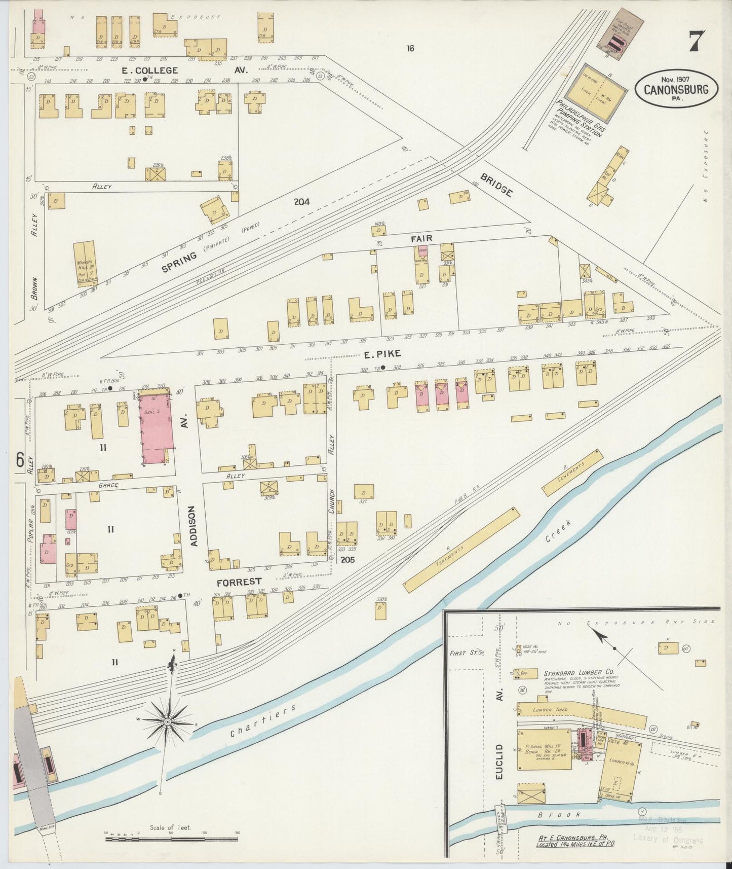 Sanborn Fire Insurance Map from Canonsburg, Washington County, Pennsylvania (1907), Sheet #0007 - Historic Sanborn Fire Insurance Map Print, vintage old map wall art, antique decor, genealogy gift, Pennsylvania Pennsylvania map
