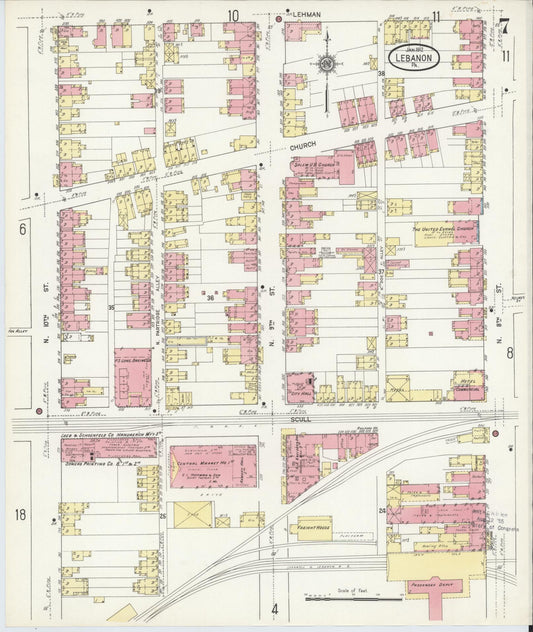 Sanborn Fire Insurance Map from Lebanon, Lebanon County, Pennsylvania (1912), Sheet #0007 - Historic Sanborn Fire Insurance Map Print, vintage old map wall art, antique decor, genealogy gift, Pennsylvania Pennsylvania map